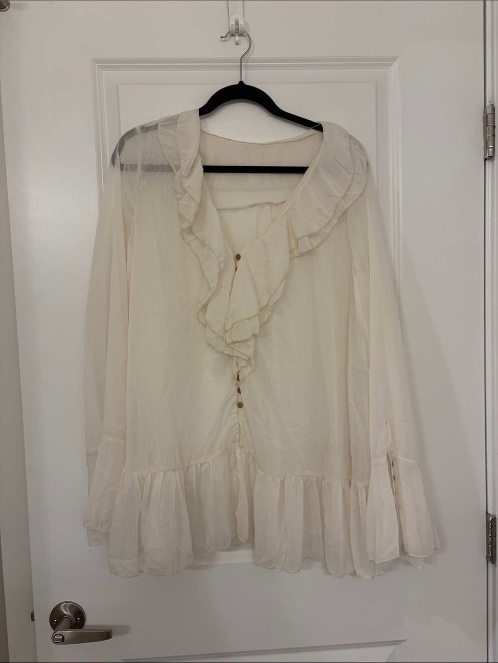 SHEIN Cream Ruffle-Front Sheer Blouse
